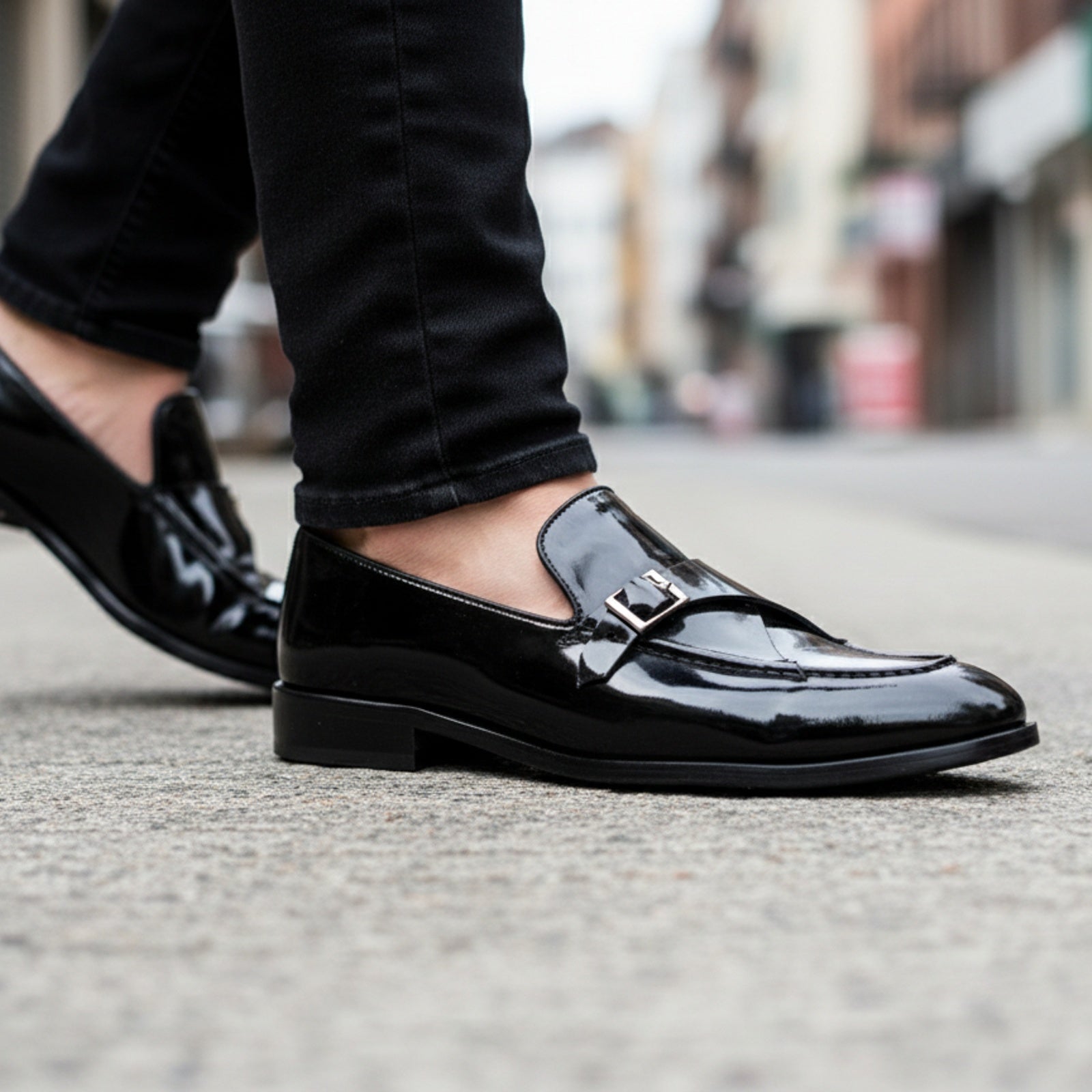 Men's Black Patent Leather Monk Shoes - model-walking-street