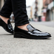Men's Black Patent Leather Monk Shoes - model-walking-street