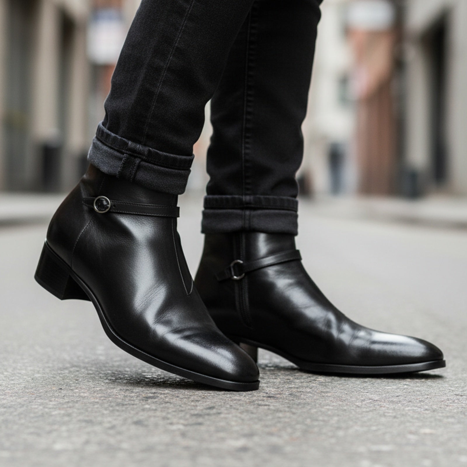 Men's Black Leather Ankle Boots - model-walking-street