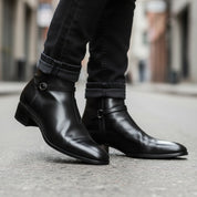 Men's Black Leather Ankle Boots - model-walking-street