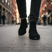 model-walking-street - Men's Black Suede Chelsea Ankle Boots