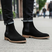model-walking-street - Men's Black Suede Chelsea Boots
