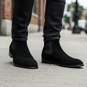 model-walking-street - Men's Black Suede Chelsea Boots