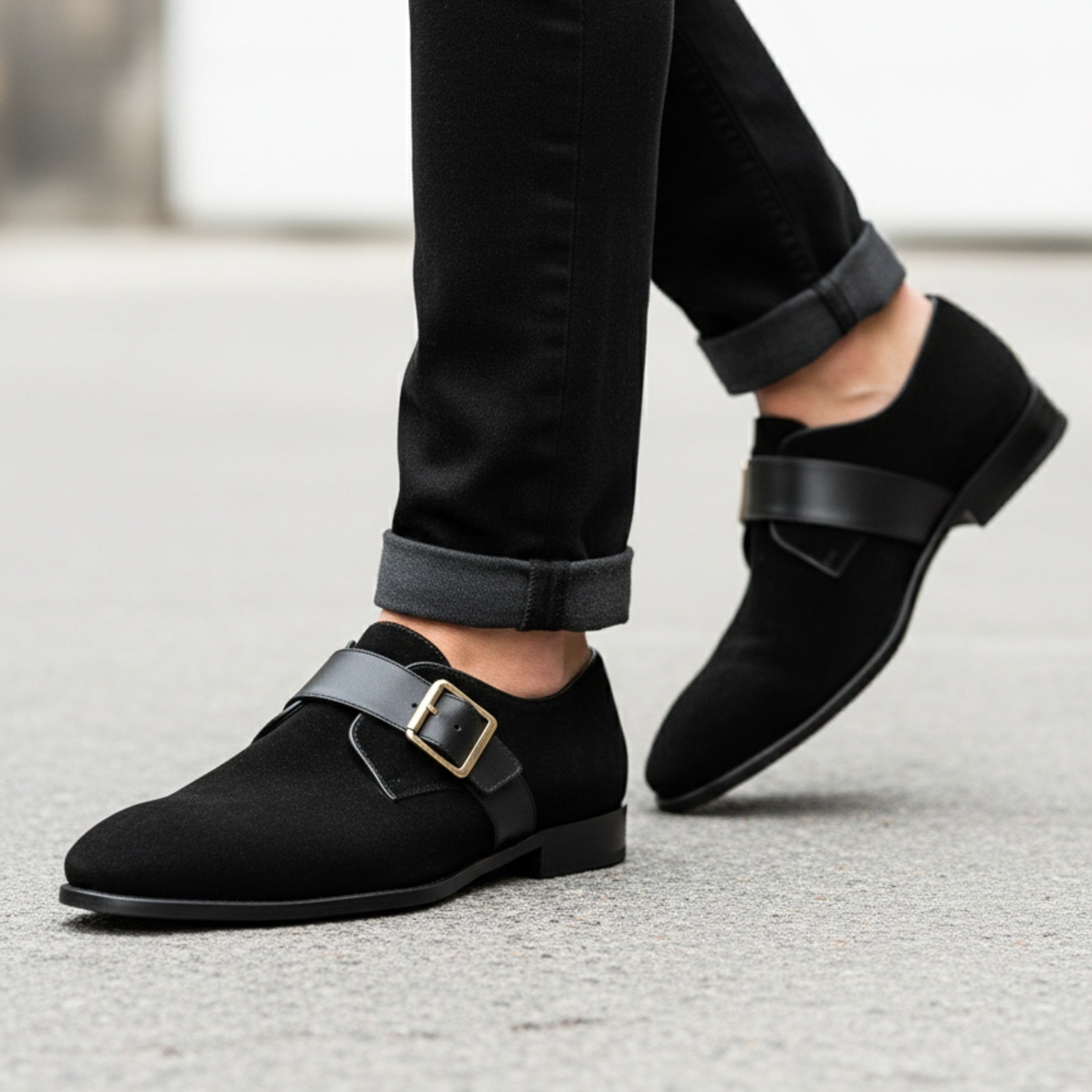model-walking-street - Men's Black Suede Dress Shoes with Buckle Detail