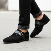 model-walking-street - Men's Black Suede Dress Shoes with Buckle Detail