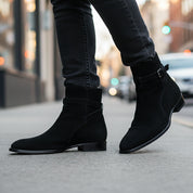 Men's Black Suede Jodhpurs Ankle Boots - model-walking-street