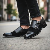 model-walking-street - Men's Black Suede & Leather Buckle Dress Shoes
