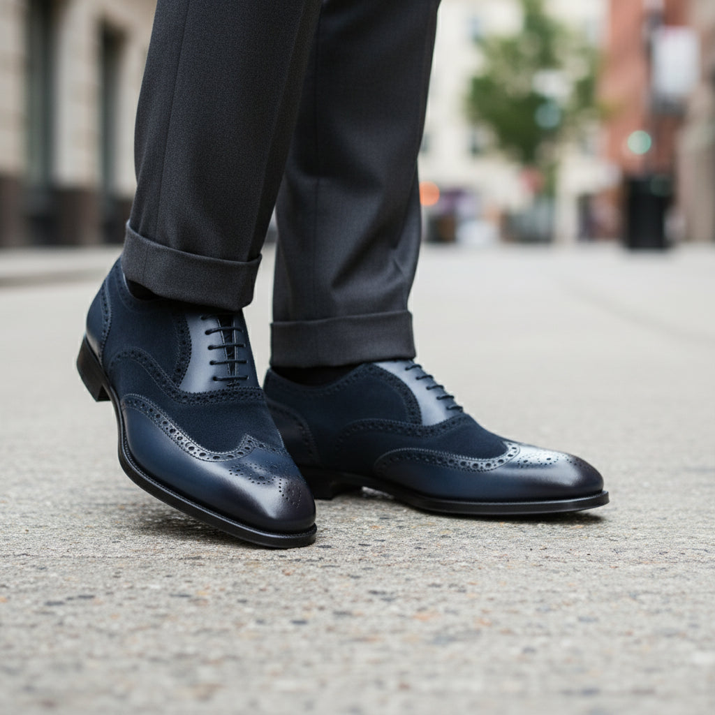 Men's Black Suede & Leather Wingtip Shoes - model-walking-street