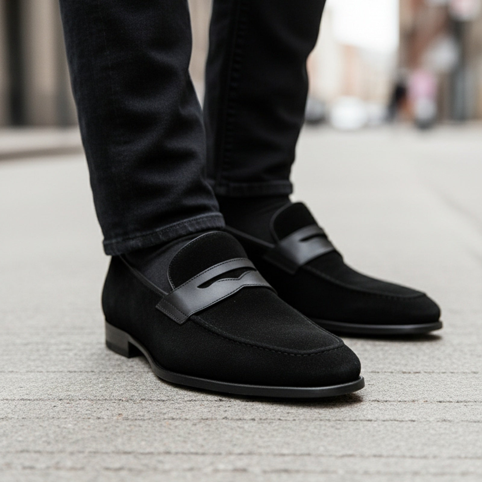 model-walking-street - Men's Black Suede Moccasin Shoes