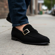 model-walking-street - Men's Black Suede Monk Shoes
