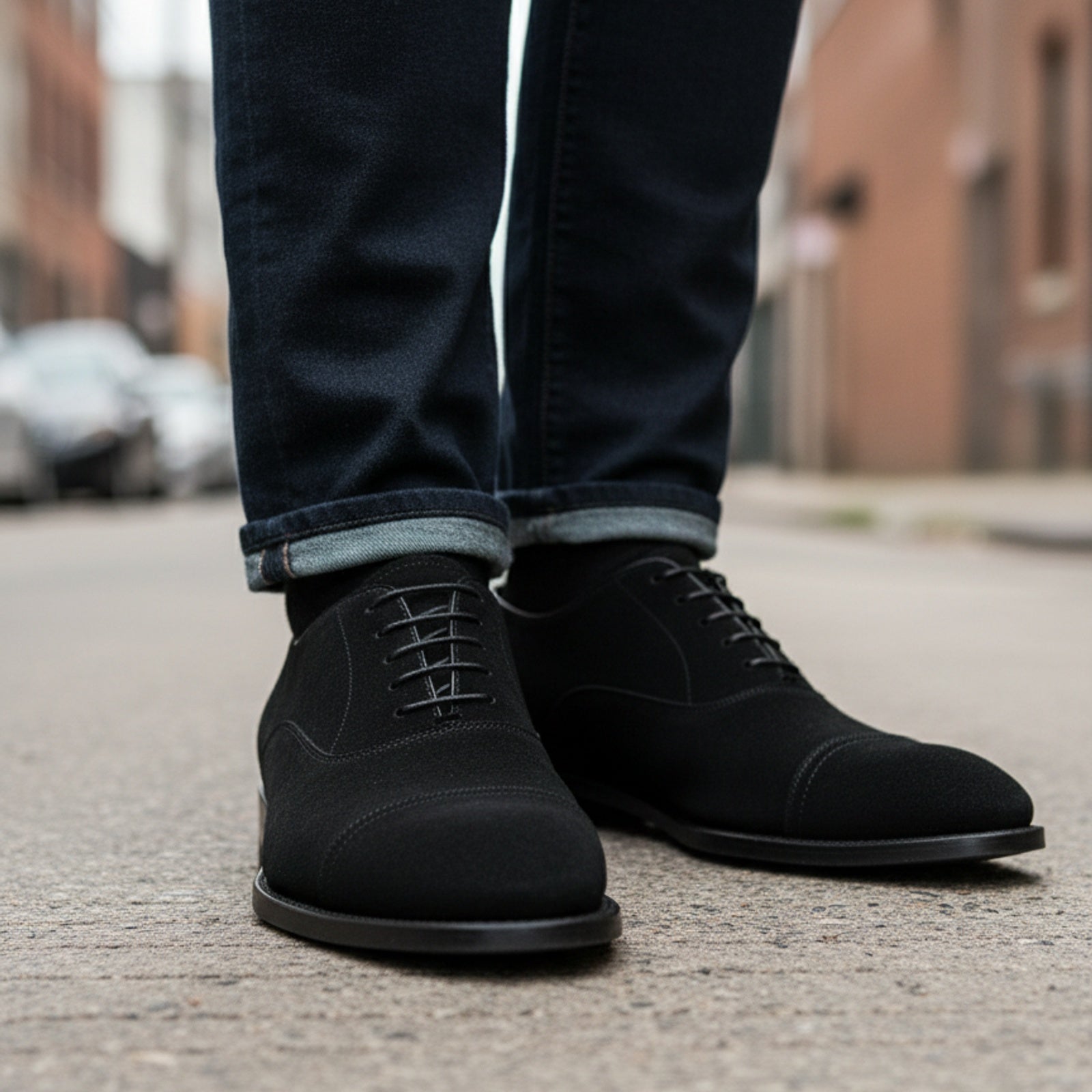 model-walking-street - Men's Black Suede Oxford Dress Shoes