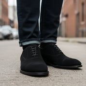 model-walking-street - Men's Black Suede Oxford Dress Shoes