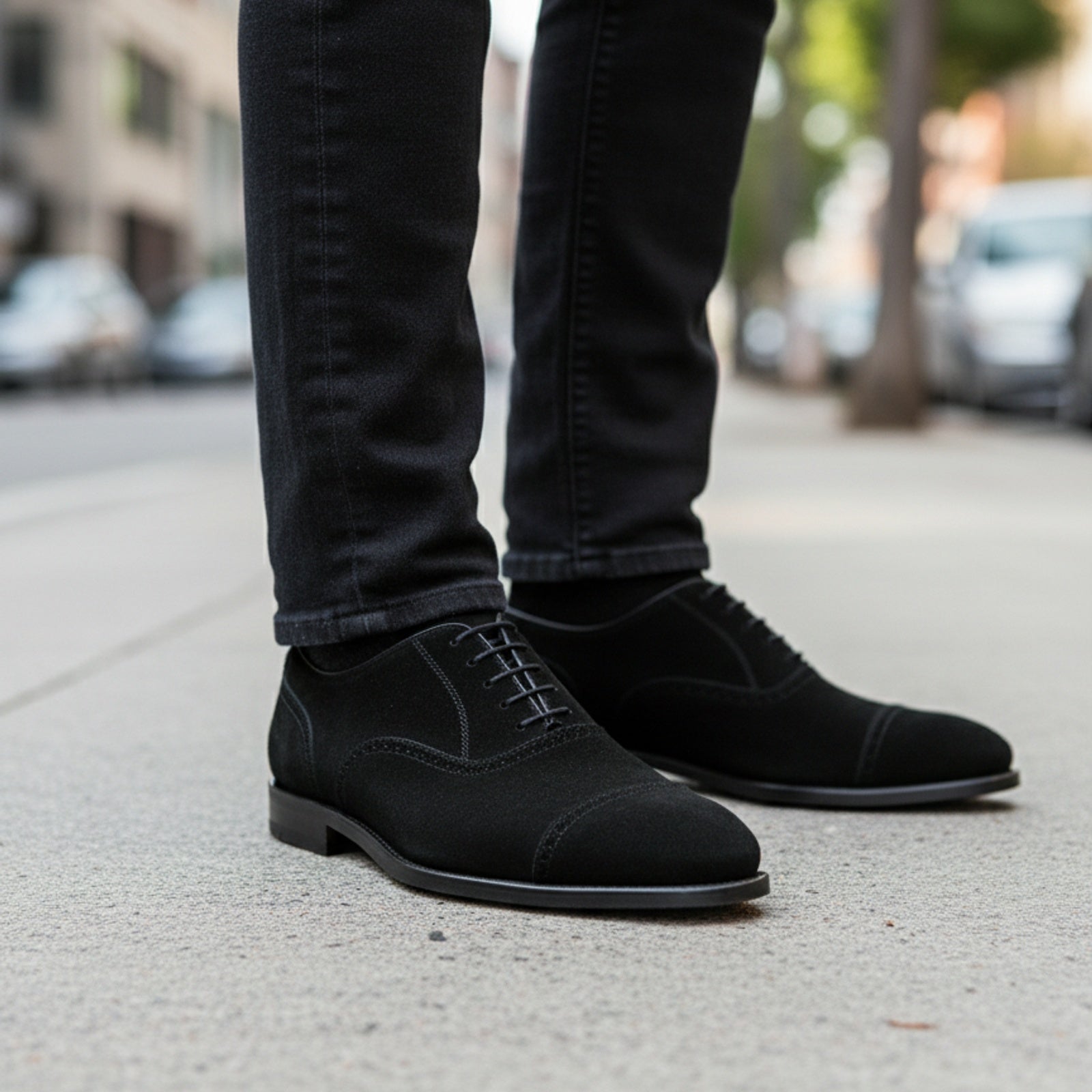 model-walking-street - Men's Black Suede Oxford Dress Shoes