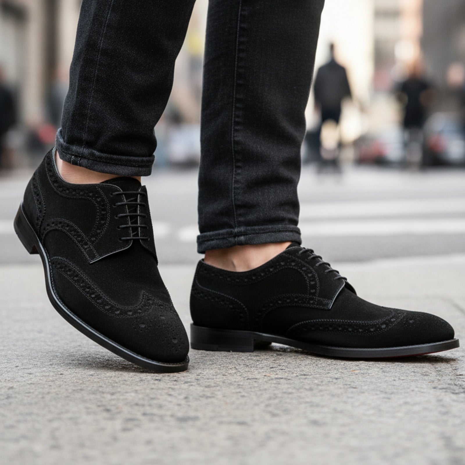 model-walking-street - Men's Black Suede Oxford Dress Shoes