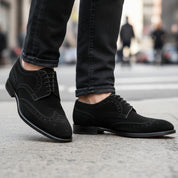 model-walking-street - Men's Black Suede Oxford Dress Shoes
