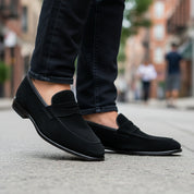 model-walking-street - Men's Black Suede Penny Loafer Shoes