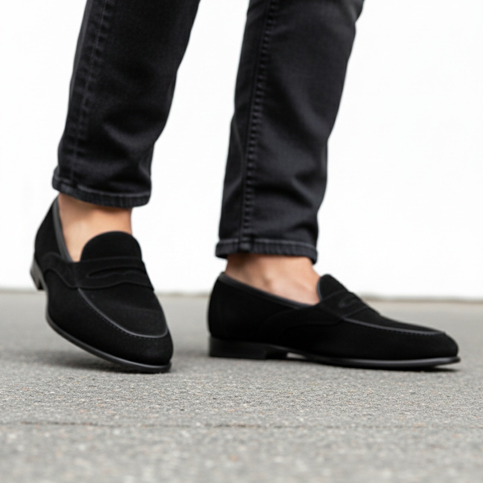 model-walking-street - Men's Black Suede Penny Loafers