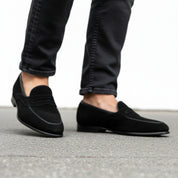 model-walking-street - Men's Black Suede Penny Loafers