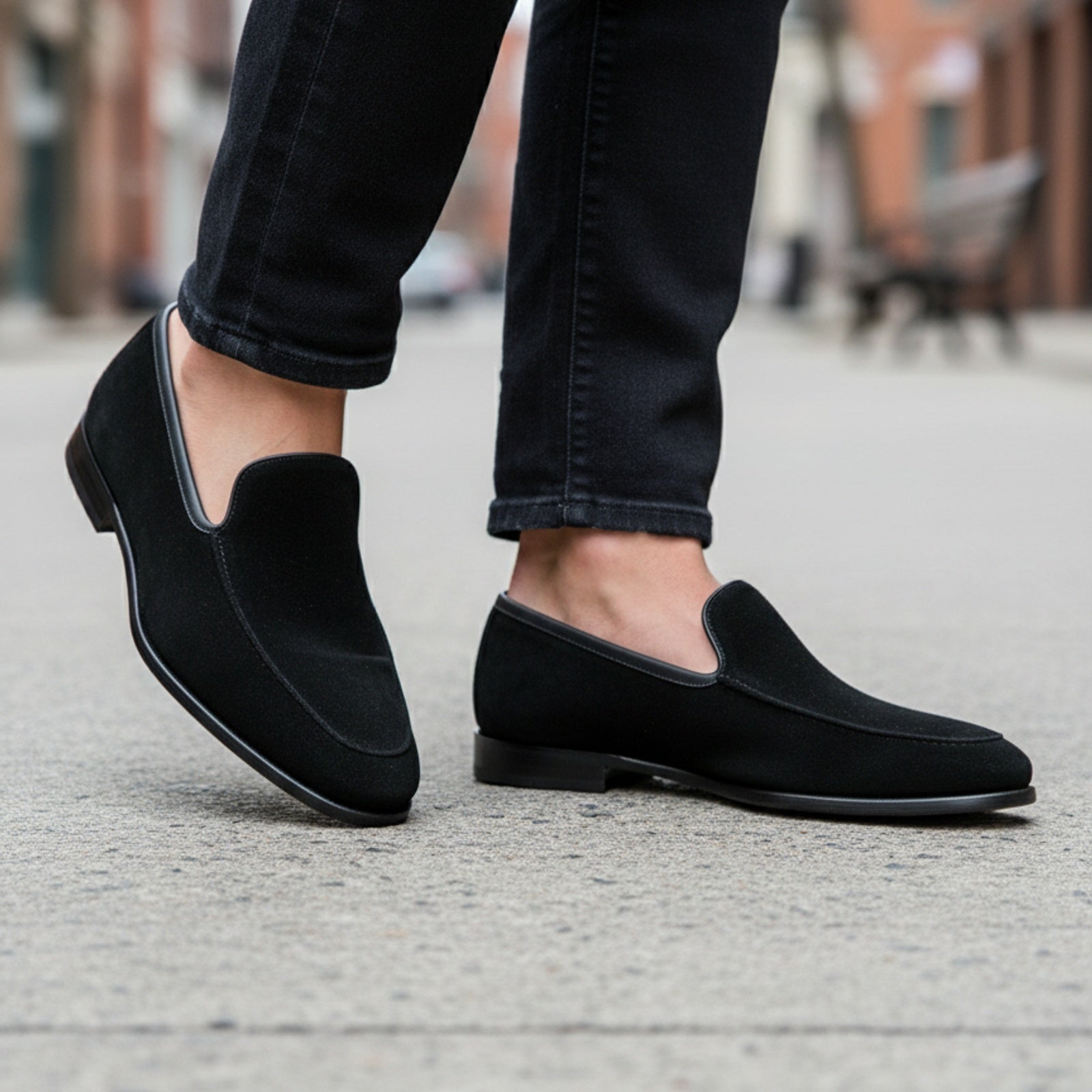 Men's Black Suede Penny Loafers - model-walking-street