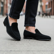 Men's Black Suede Penny Loafers - model-walking-street