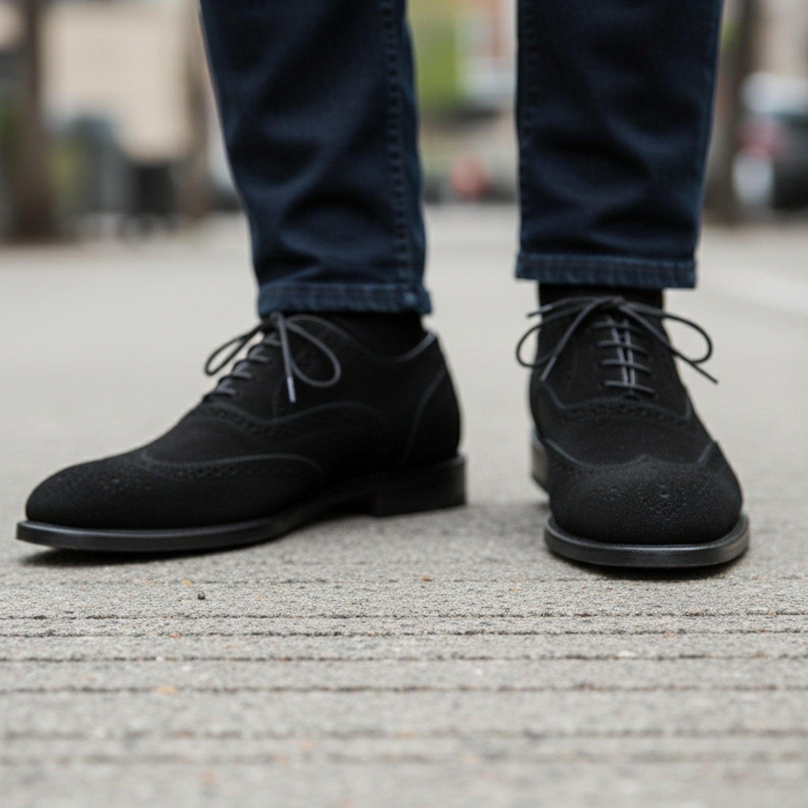 model-walking-street - Men's Black Suede Wingtip Brogue Dress Shoes