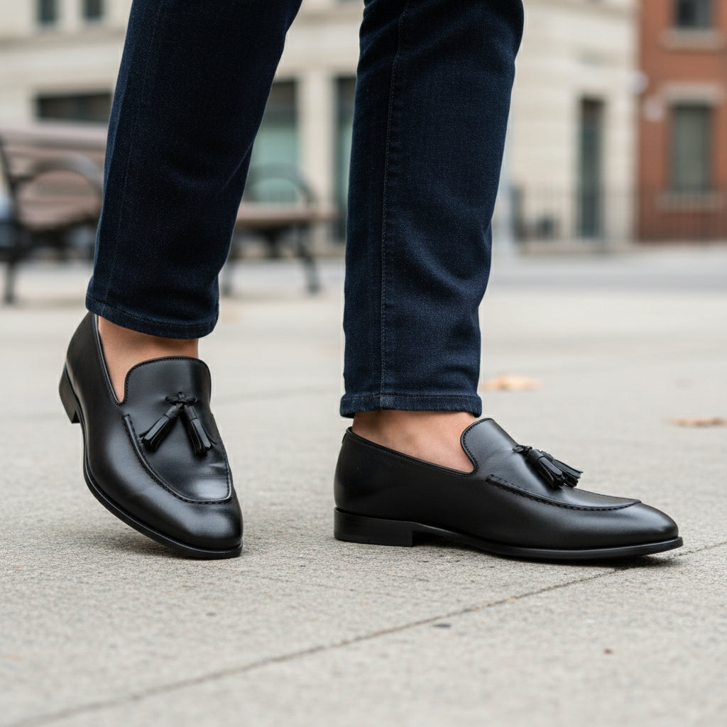 model-walking-street - Men's Black Tassel Leather Moccasins