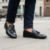 model-walking-street - Men's Black Tassel Leather Moccasins