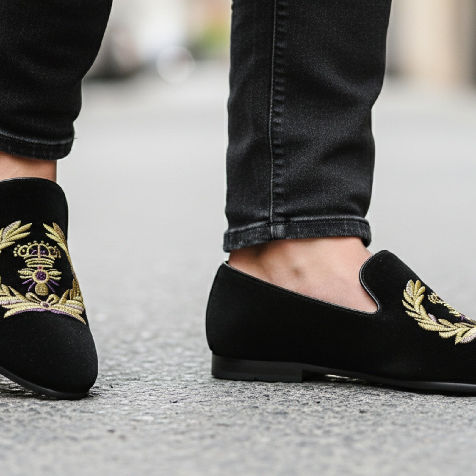 model-walking-street - Men's Black Velvet Embroidered Loafers