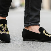 model-walking-street - Men's Black Velvet Embroidered Loafers
