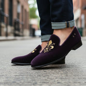 model-walking-street - Men's Black Velvet Loafers with Leather Details