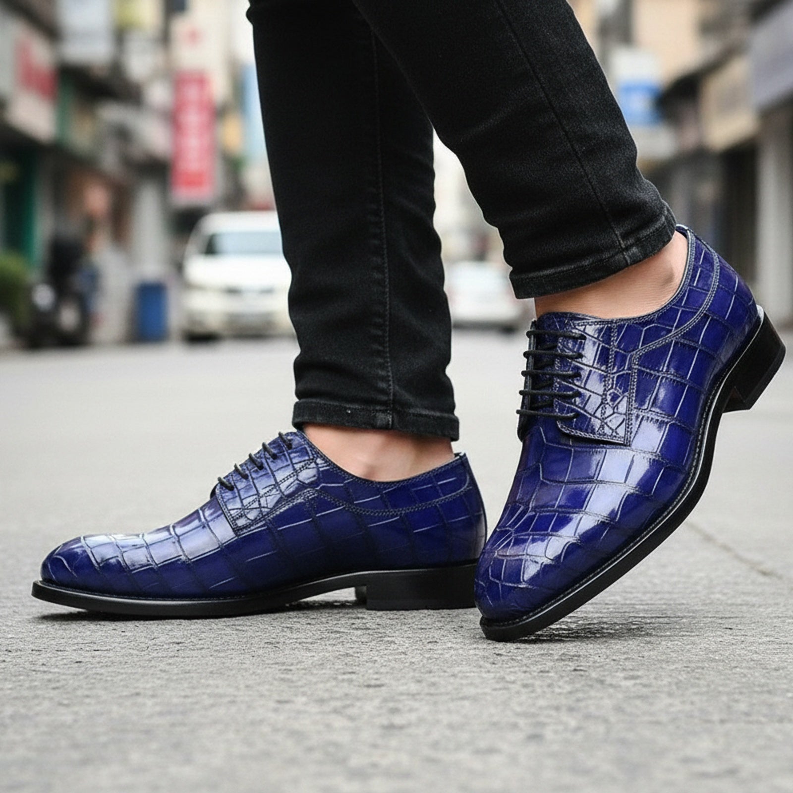 model-walking-street - Men's Blue Alligator Leather Shoes with Goodyear Welted Sole