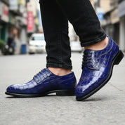 model-walking-street - Men's Blue Alligator Leather Shoes with Goodyear Welted Sole