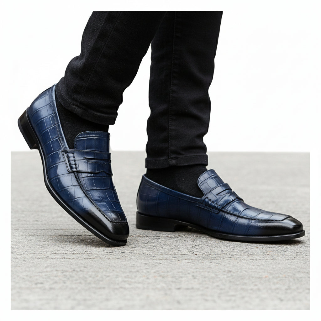 model-walking-street - Men's Blue Alligator Print Leather Dress Loafers