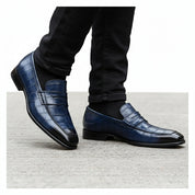 model-walking-street - Men's Blue Alligator Print Leather Dress Loafers
