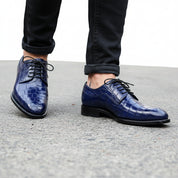 model-walking-street - Men's Blue Crocodile Embossed Leather Oxford Shoes