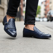 Men's Blue Crocodile Monk Strap Leather Shoes - model-walking-street