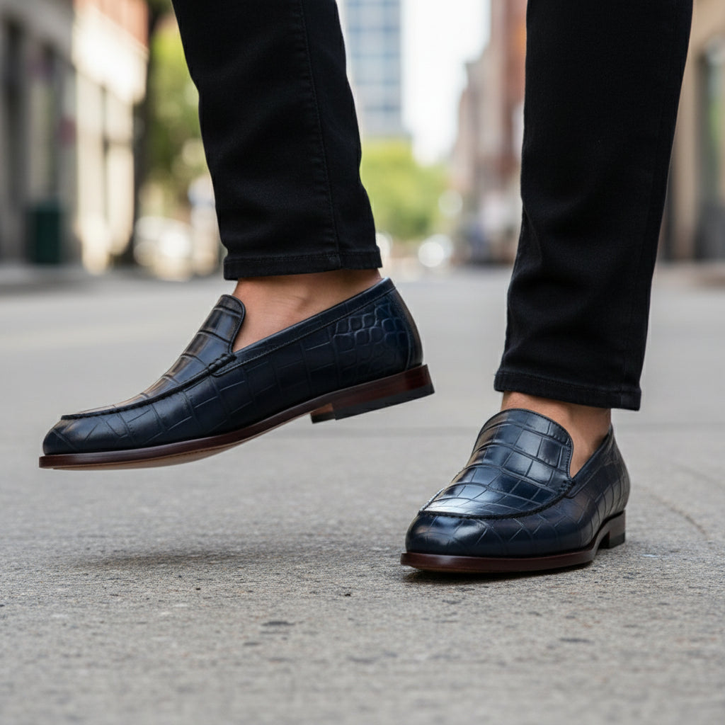 Men's Blue Crocodile Patterned Leather Dress Shoes - model-walking-street