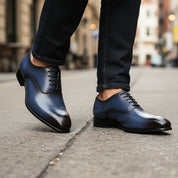 model-walking-street - Men's Blue Leather Brogue Dress Shoes