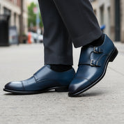 model-walking-street - Men's Blue Leather Double Buckle Dress Shoes