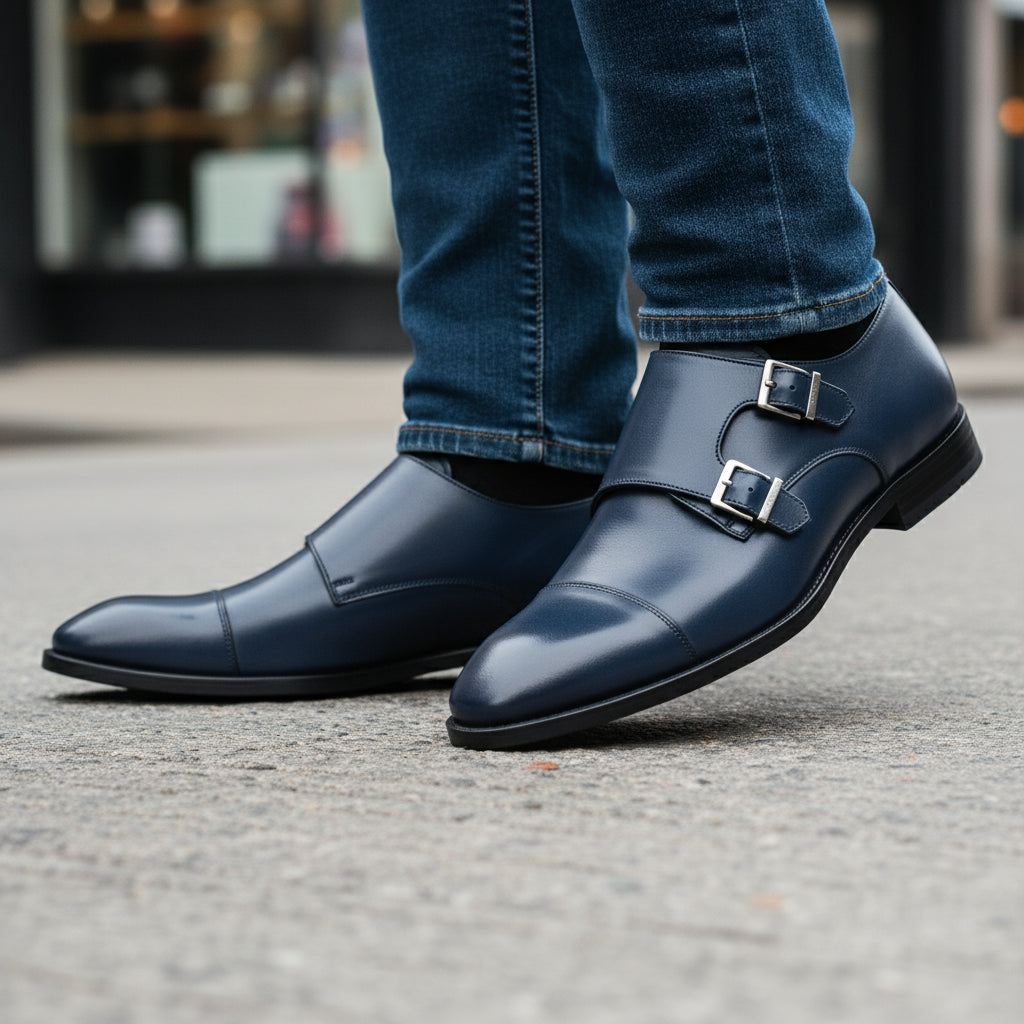 model-walking-street - Men's Blue Leather Double Monk Strap Dress Shoes