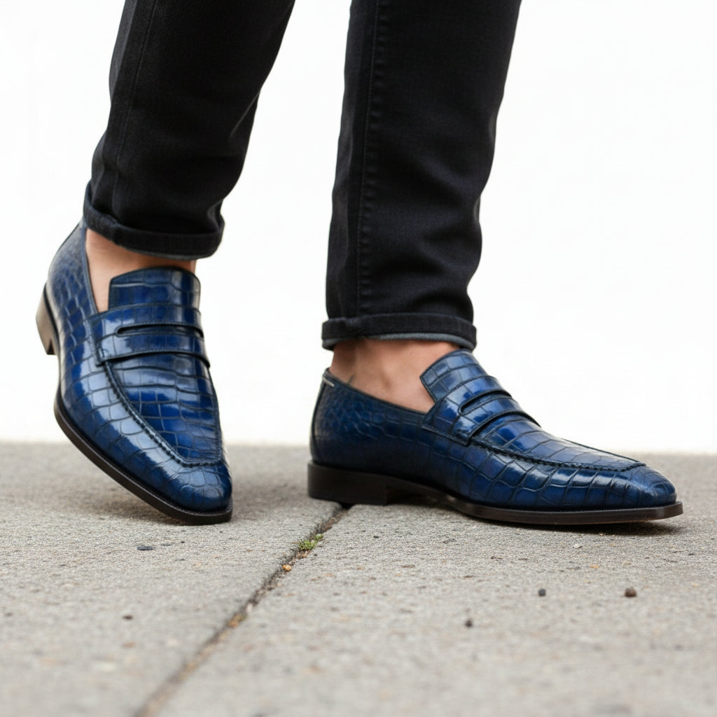 model-walking-street - Men's Blue Leather Moccasins with Crocodile Embossing
