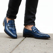 model-walking-street - Men's Blue Leather Moccasins with Crocodile Embossing