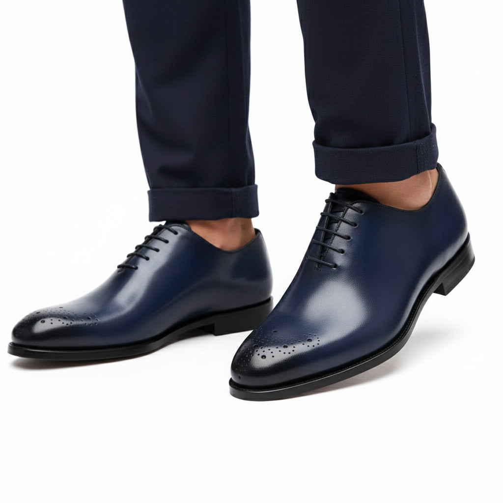 model-walking-street - Men's Blue Leather Oxford Brogue Shoes