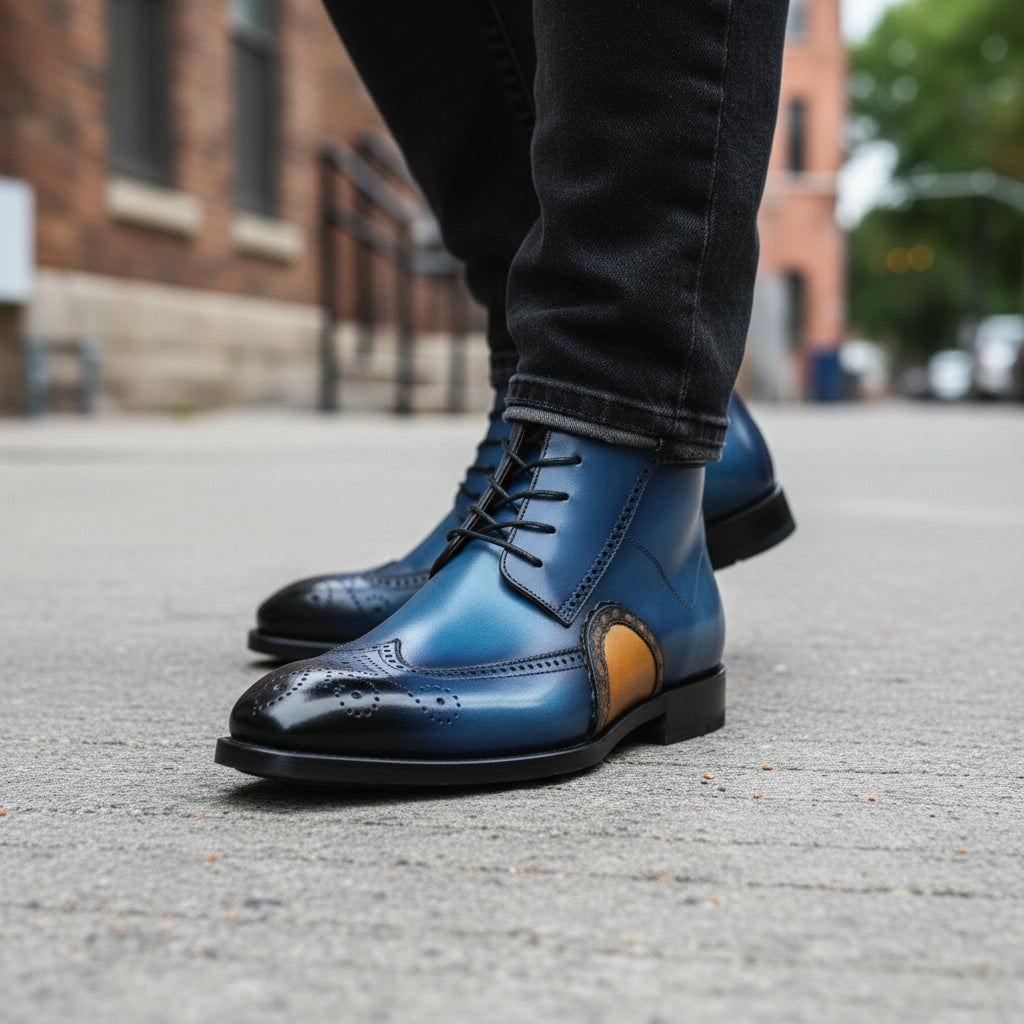 model-walking-street - Men's Blue Leather Wing Tip Brogue Boots