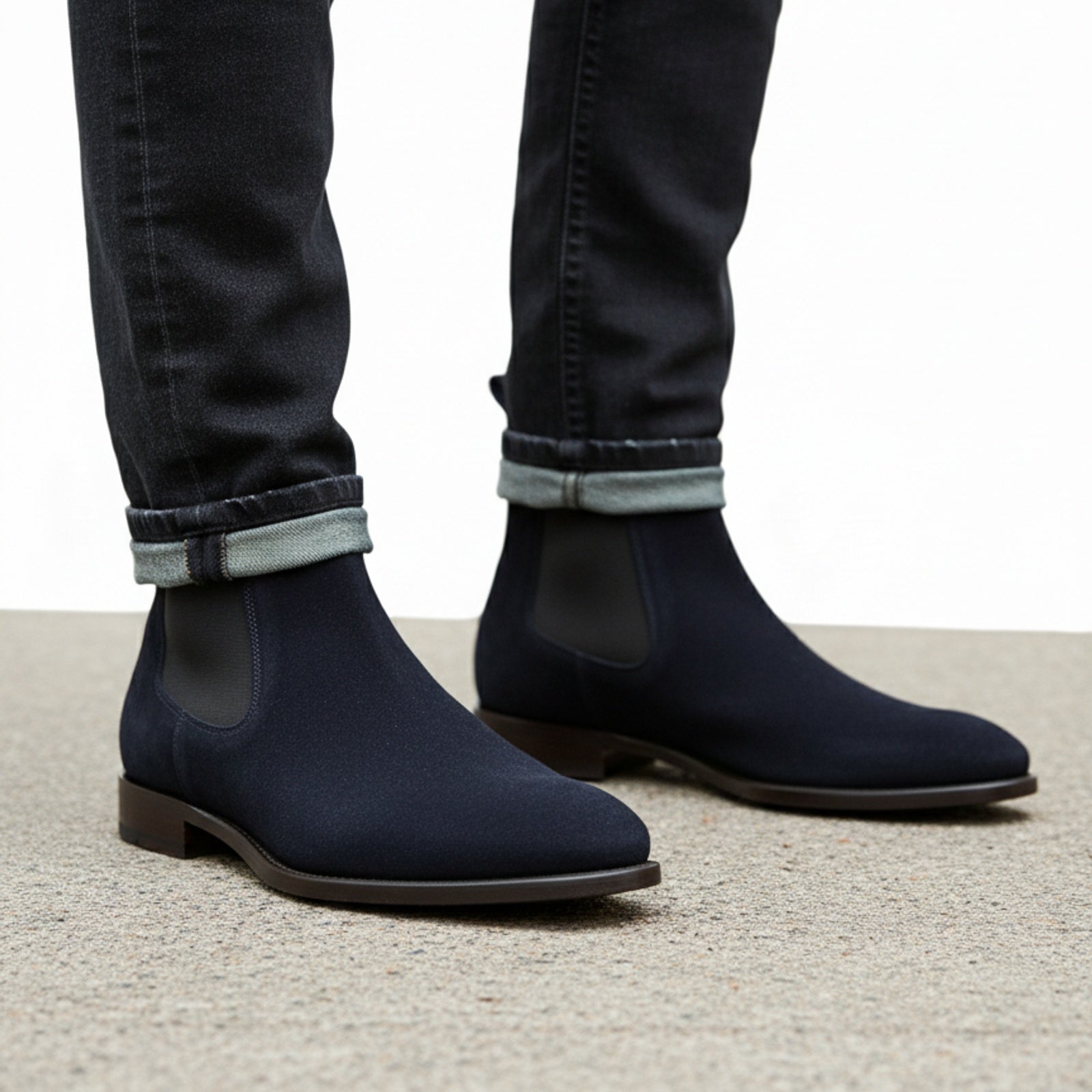 model-walking-street - Men's Blue Suede Chelsea Boots