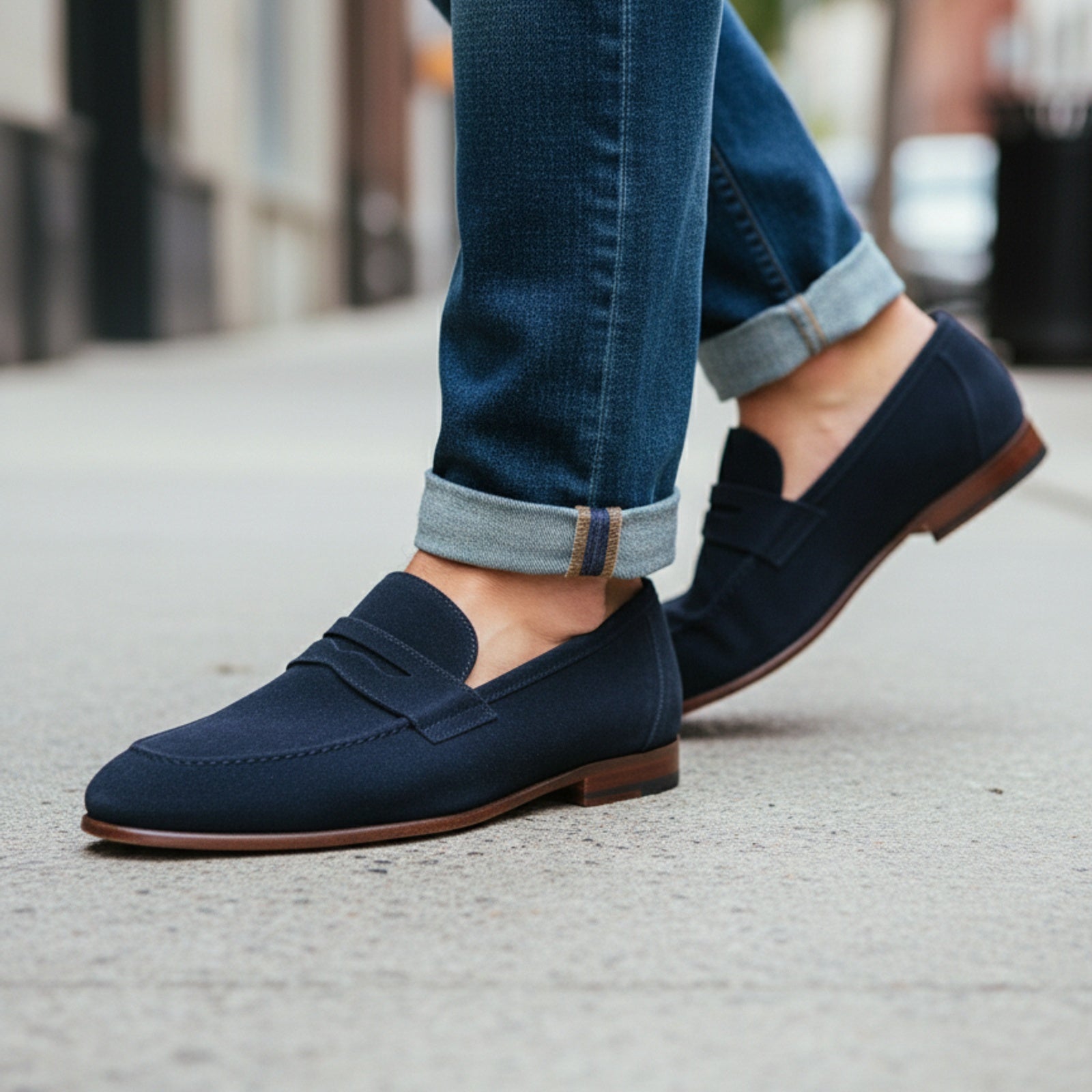model-walking-street - Men's Blue Suede Leather Loafers – Slip-On Design