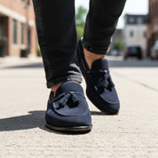 model-walking-street - Men's Blue Suede Moccasin Loafers with Tassels