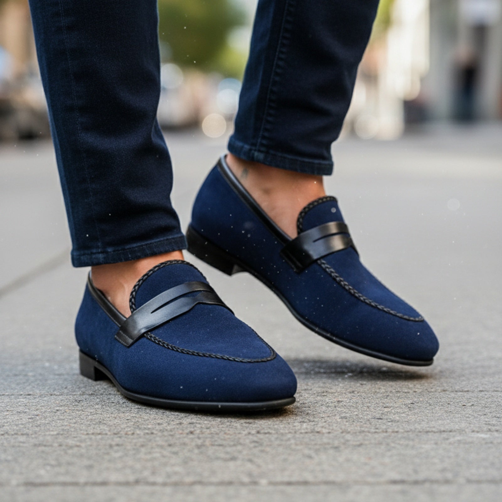 model-walking-street - Men's Blue Suede Moccasins with Leather Sole