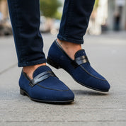 model-walking-street - Men's Blue Suede Moccasins with Leather Sole
