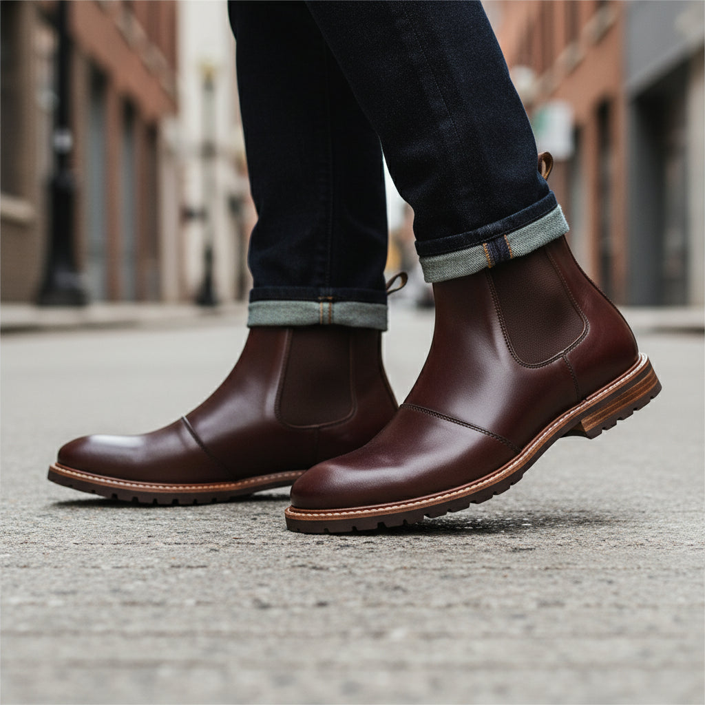 model-walking-street - Men's Brogue Chelsea Leather Boots
